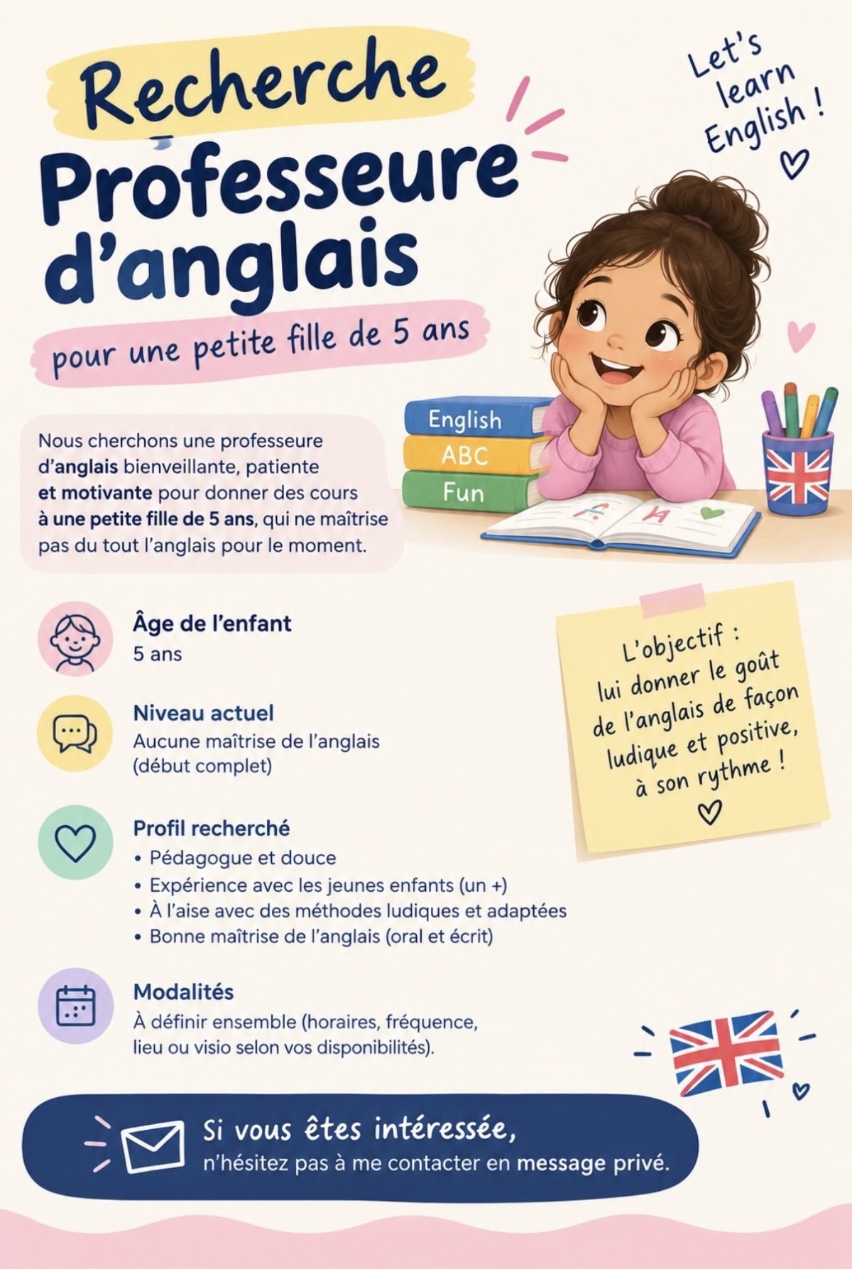 Recherche professeure d'anglais pour fillette de 5 ans