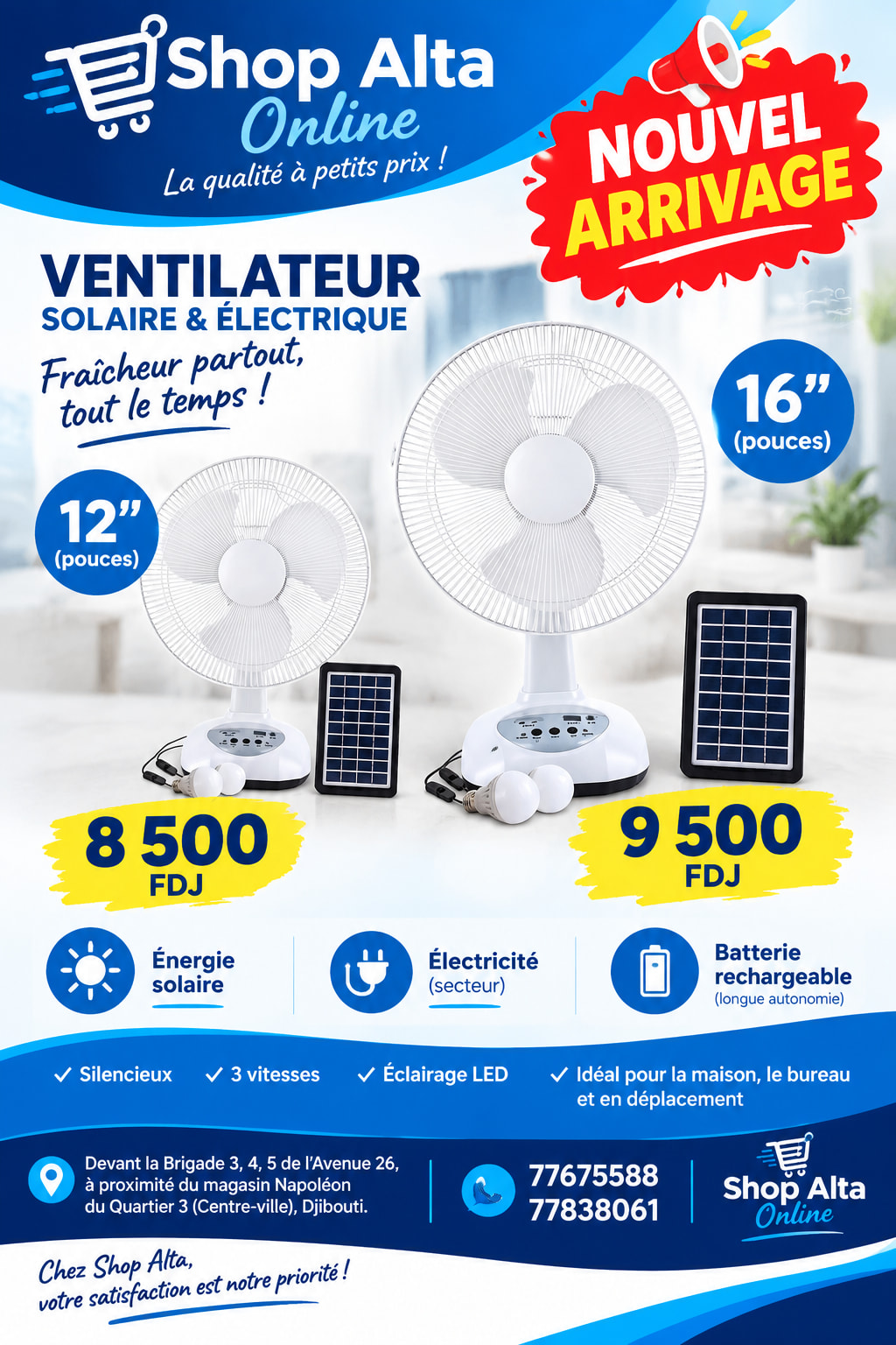 Ventilateur solaire et électrique avec éclairage LED