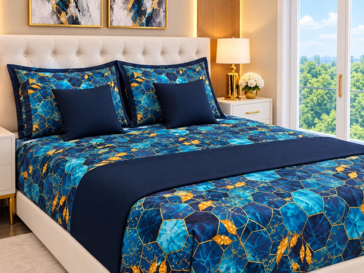 Parure de lit bleu et beige, motif géométrique élégant