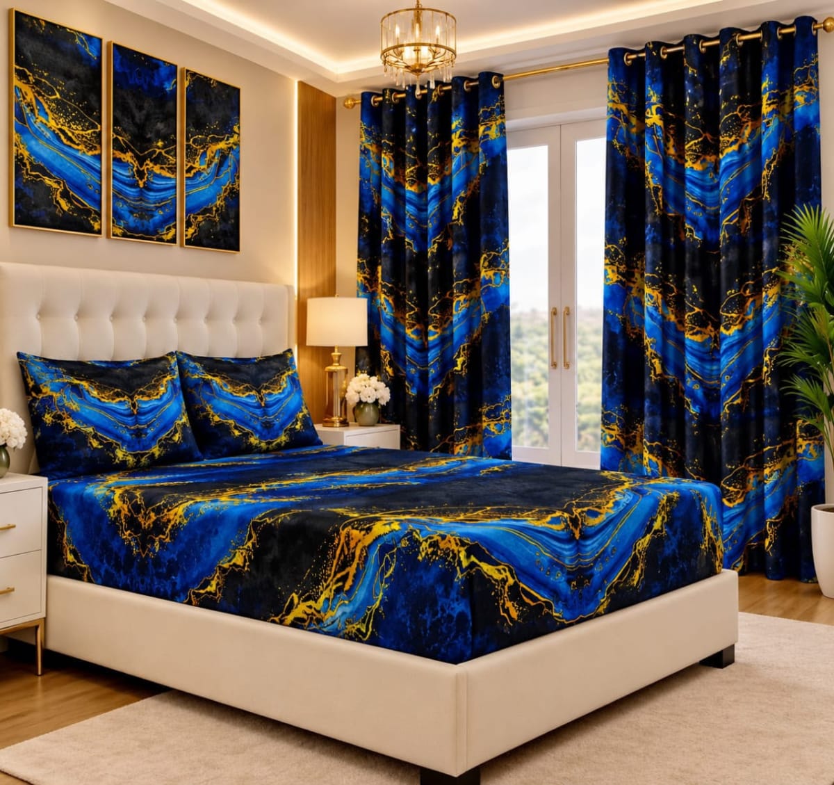 Ensemble parure de lit et rideaux assortis bleu et or