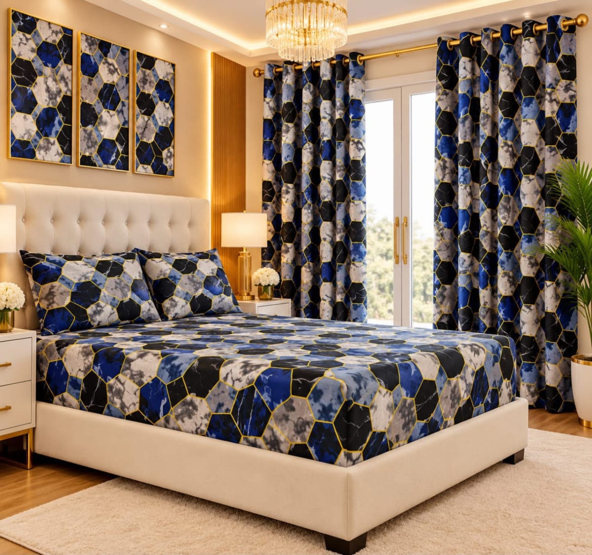 Ensemble parure de lit et rideaux assortis bleu et or