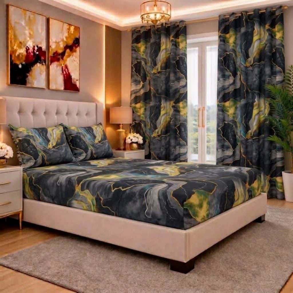 Ensemble parure de lit et rideaux assortis bleu et or