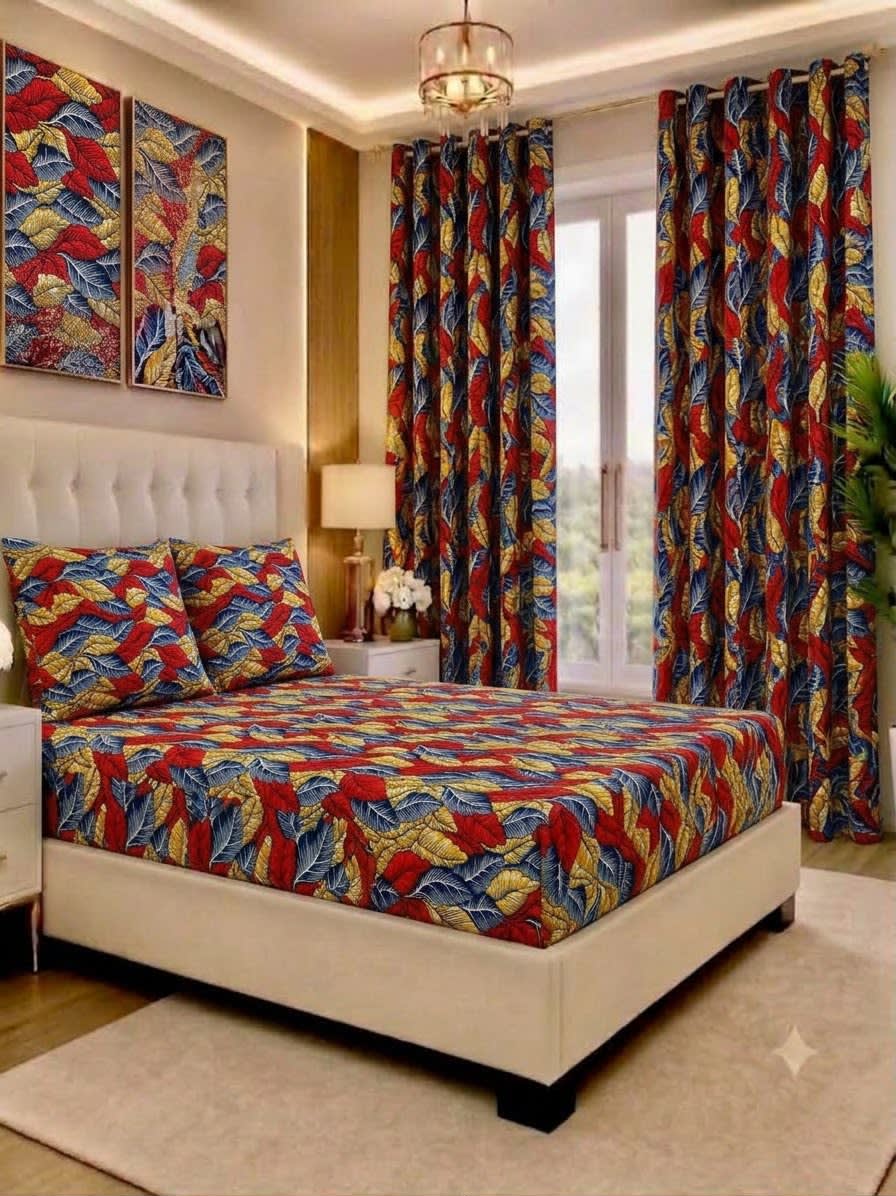 Ensemble parure de lit et rideaux assortis bleu et or