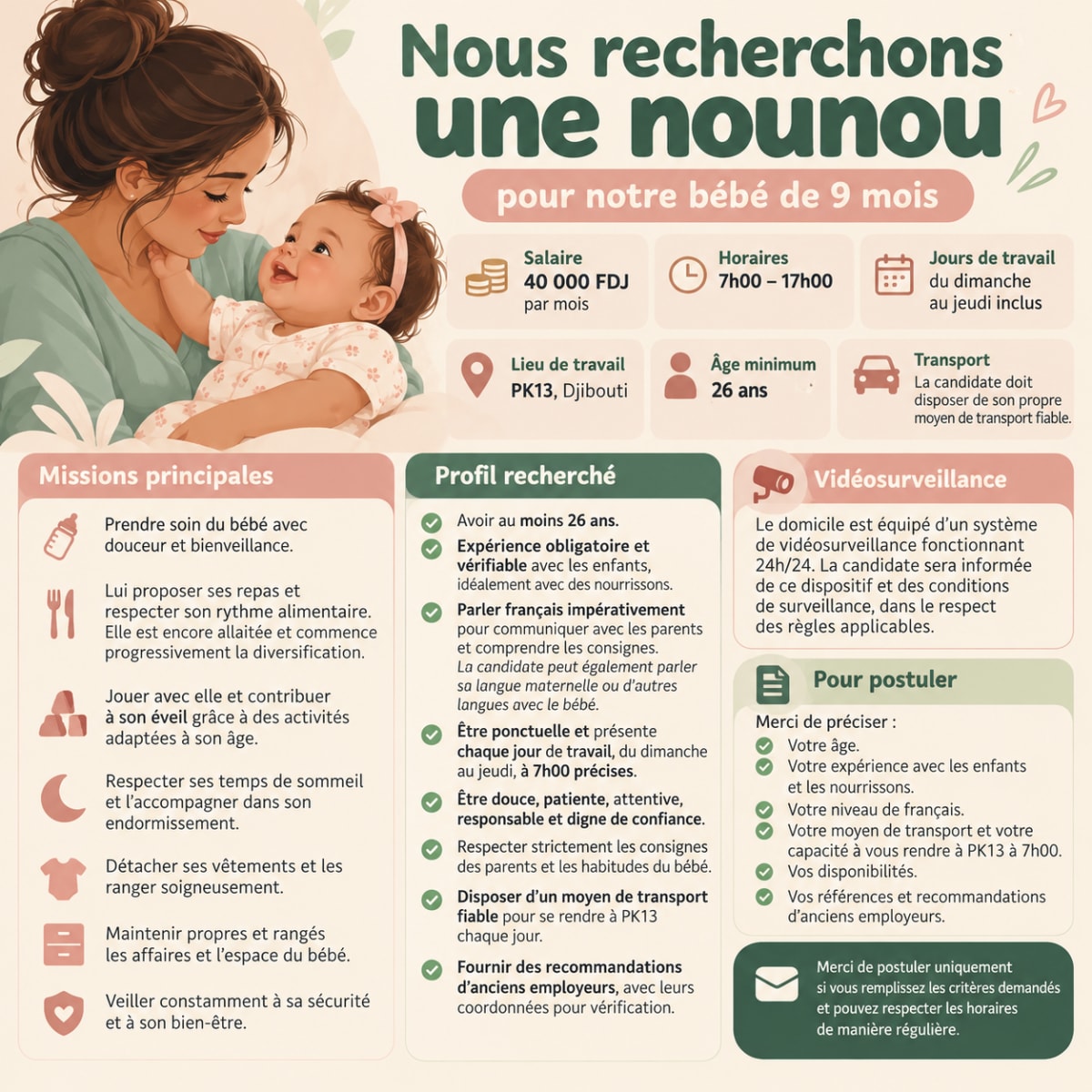 Nounou avec expérience pour bébé de 9 mois à pk13 (expérience obligatoire - lire annonce avant de postuler)