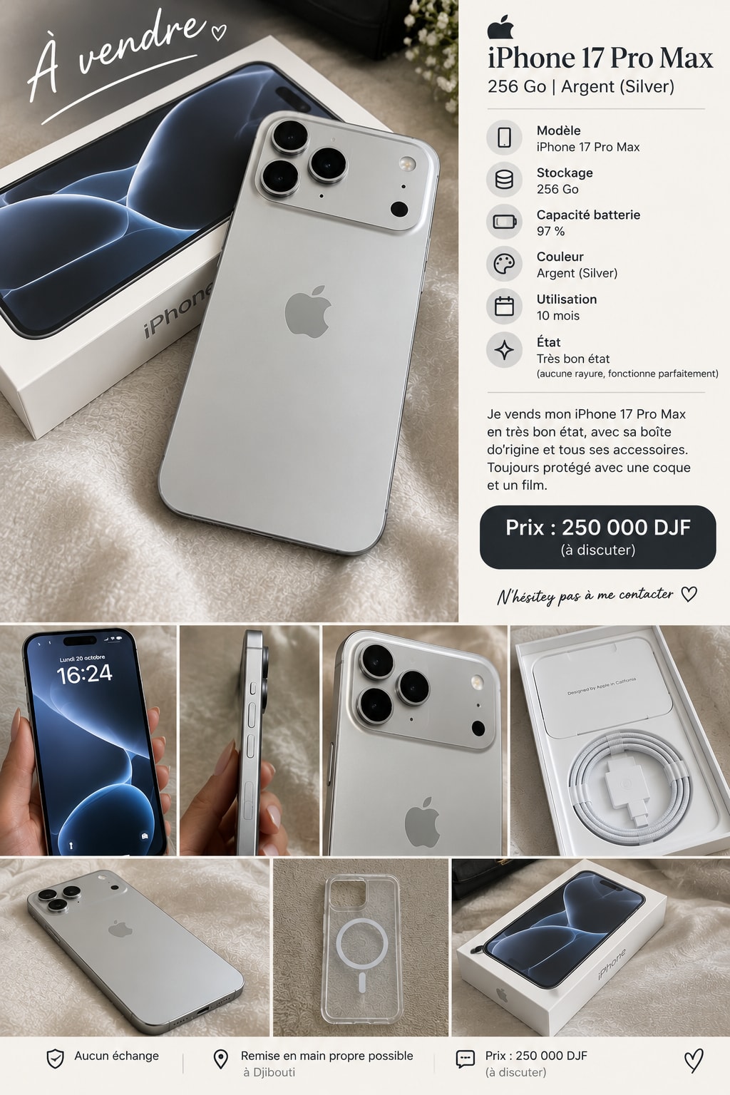 iPhone 17 Pro Max 256 Go Argent, très bon état