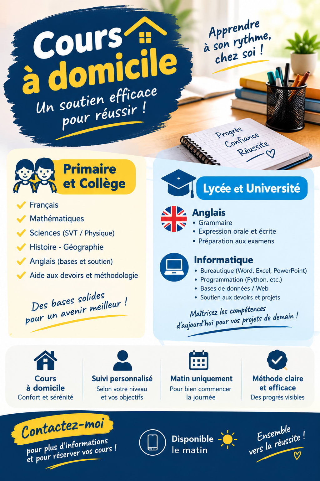 Cours particuliers à domicile, du primaire à l'université