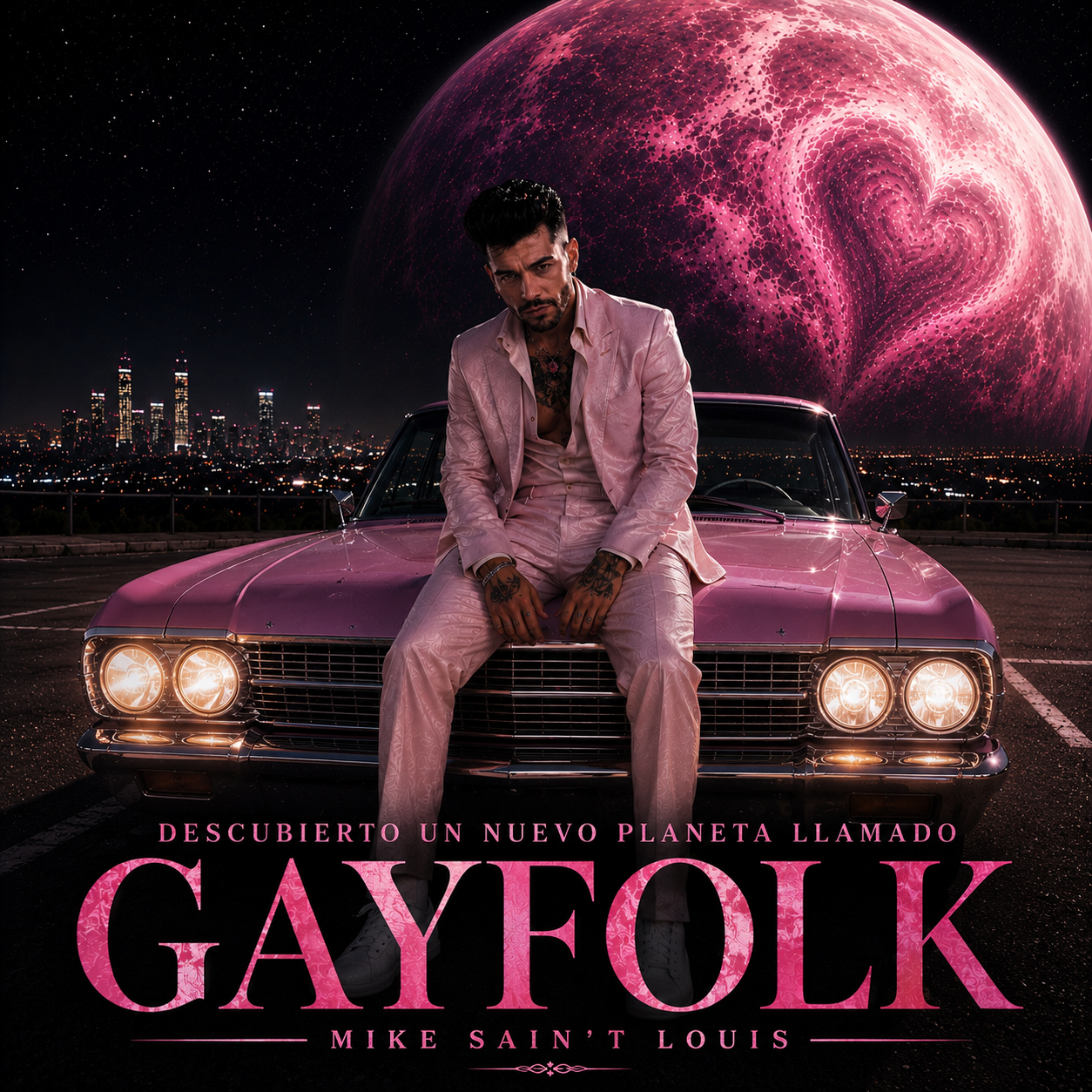 Retrato oficial de Mike Sain't Louis con traje rosa y automóvil bajo un planeta imaginario