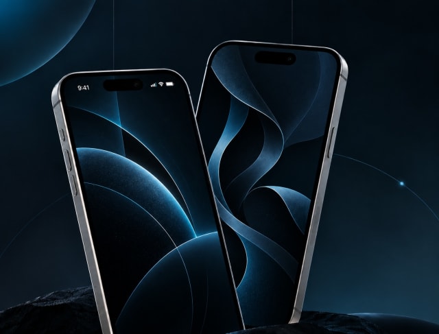 Two smartphones showing a dark, fluid interface design