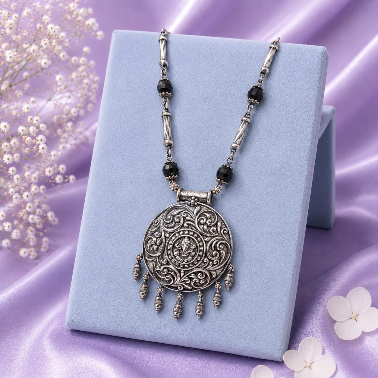 Centre Round Silver Pendant with Black Beads Necklace