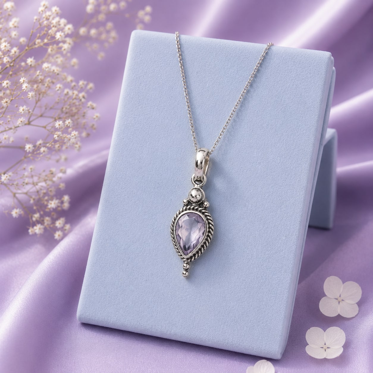 Light Purple Stone Pendant Chain + Earrings Set