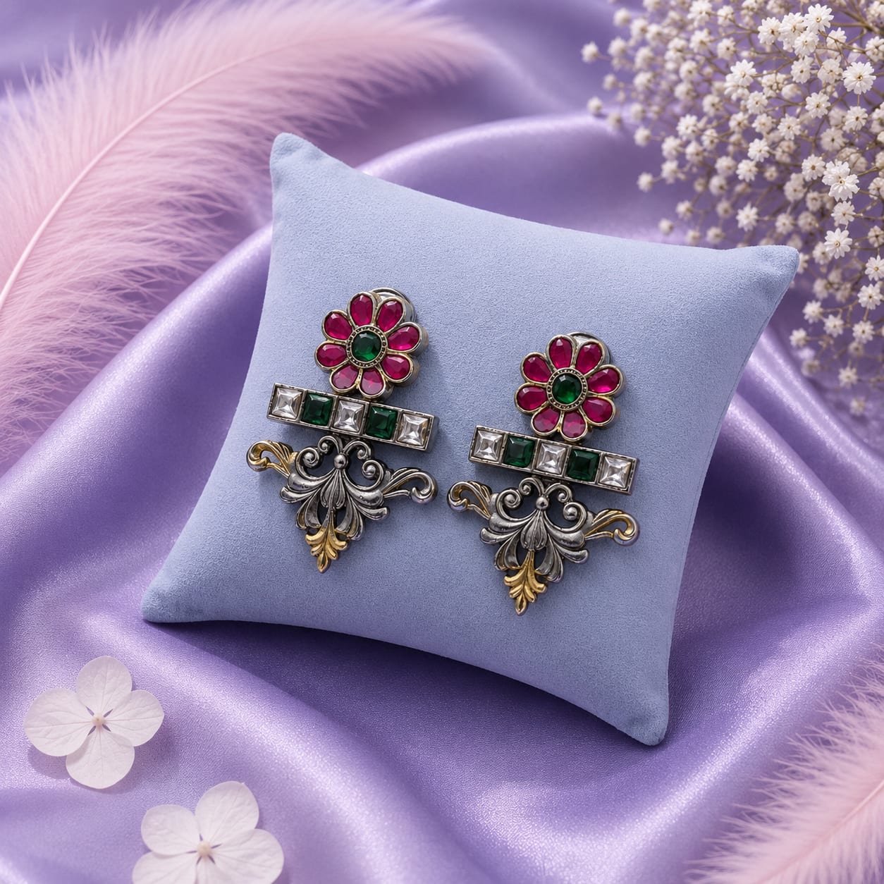Magenta Flower Navratna Studs (Big Size)