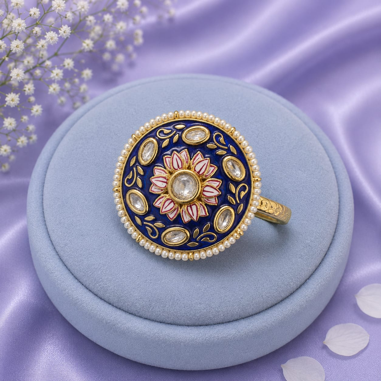Blue Kundan Chunky Ring