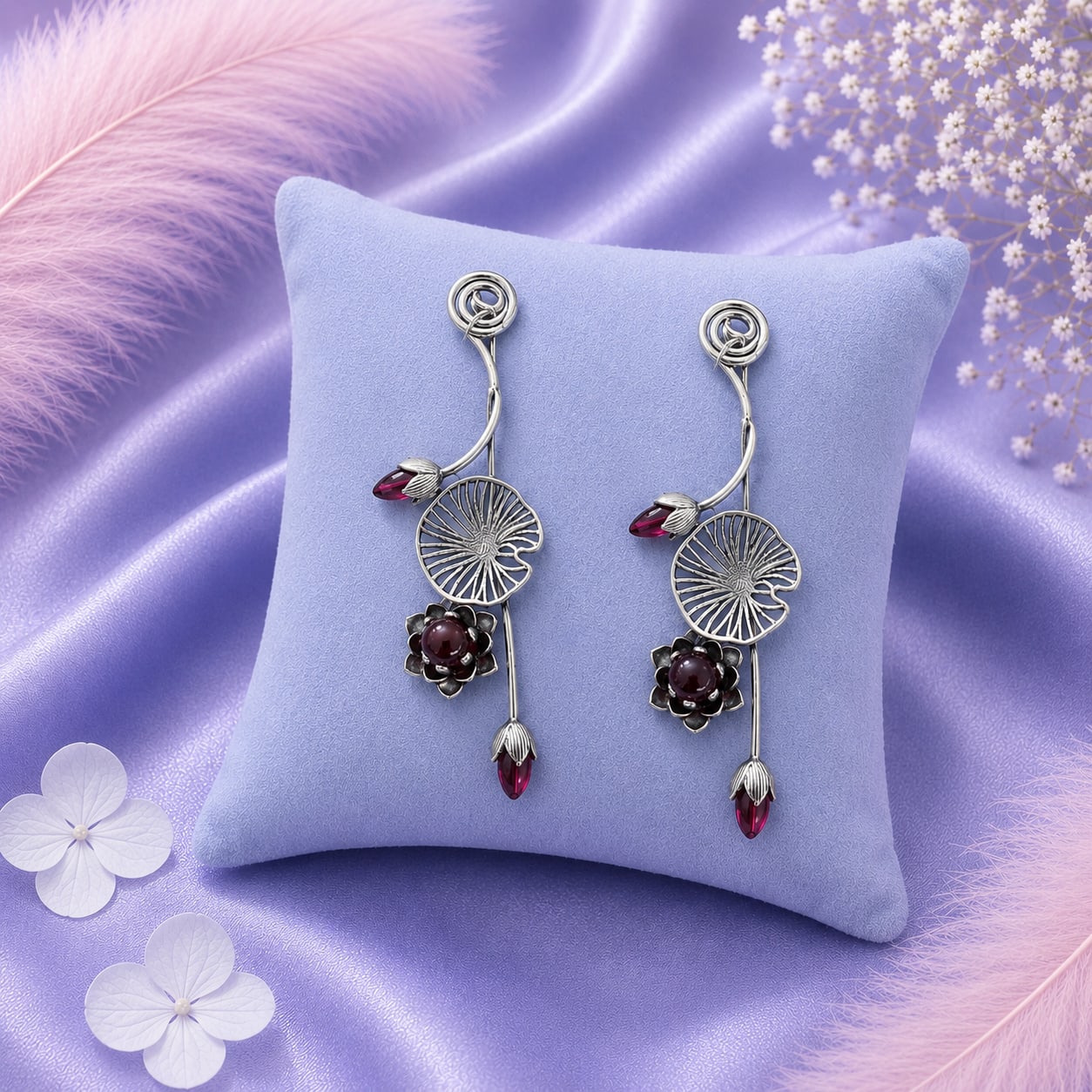 Drop Earrings, Magenta Stone and Petal Design