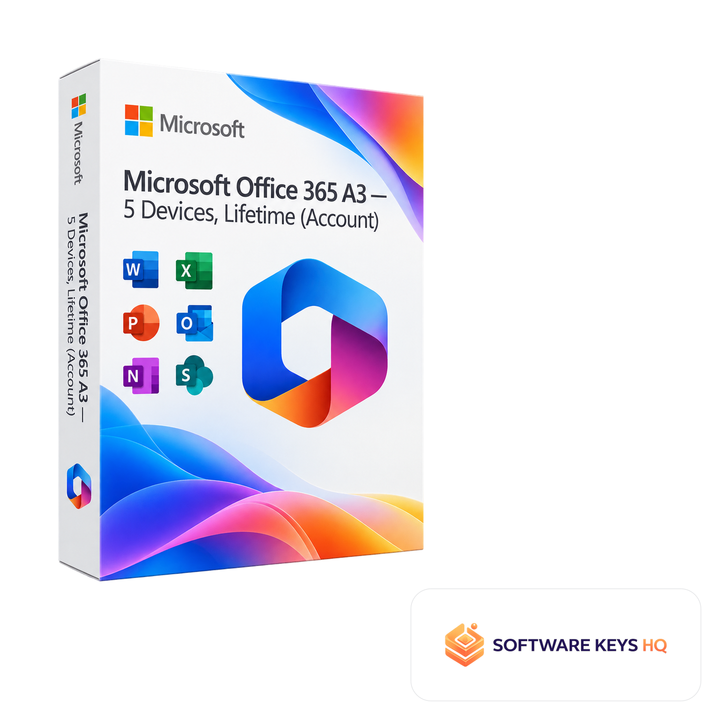 Microsoft Office 365 A3 5 Devices, Lifetime (Account) software box