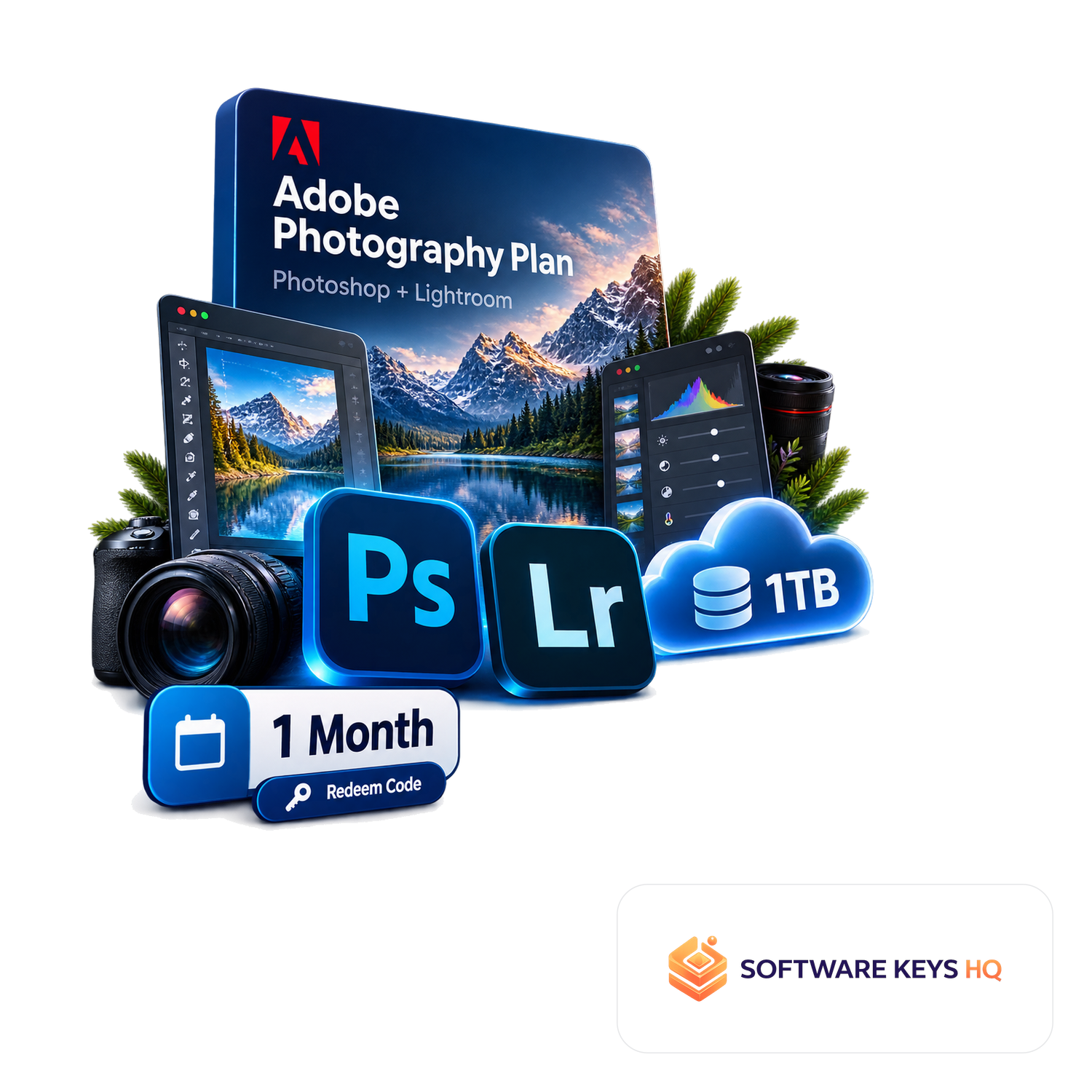 Adobe Photography Plan (Photoshop + Lightroom, 1TB) 1 Month (Redeem Code) software box