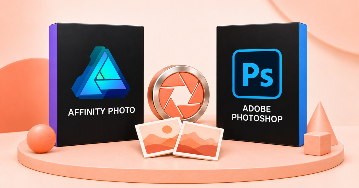 Affinity Photo and Adobe Photoshop software boxes compared side by side