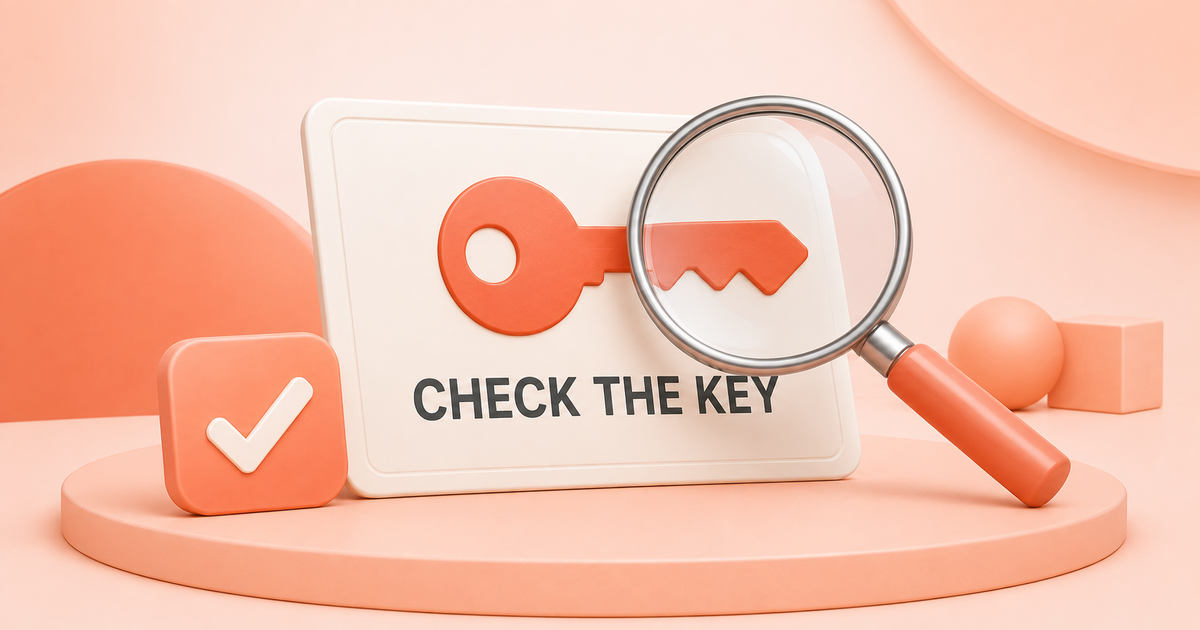 Software key card being verified under a magnifying glass with a checkmark