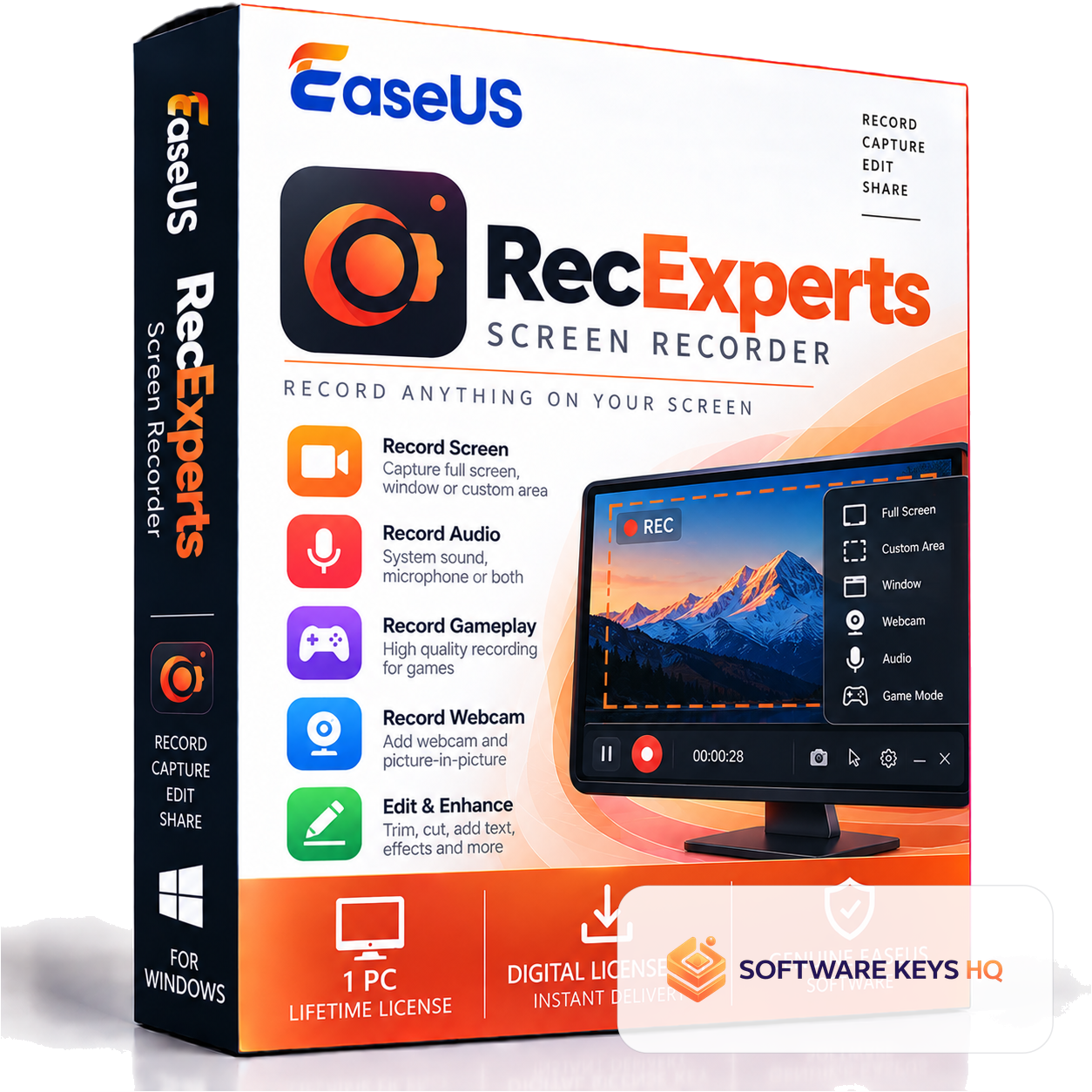 EaseUS RecExperts for Windows – Screen Recorder – Lifetime License – 1 PC software key