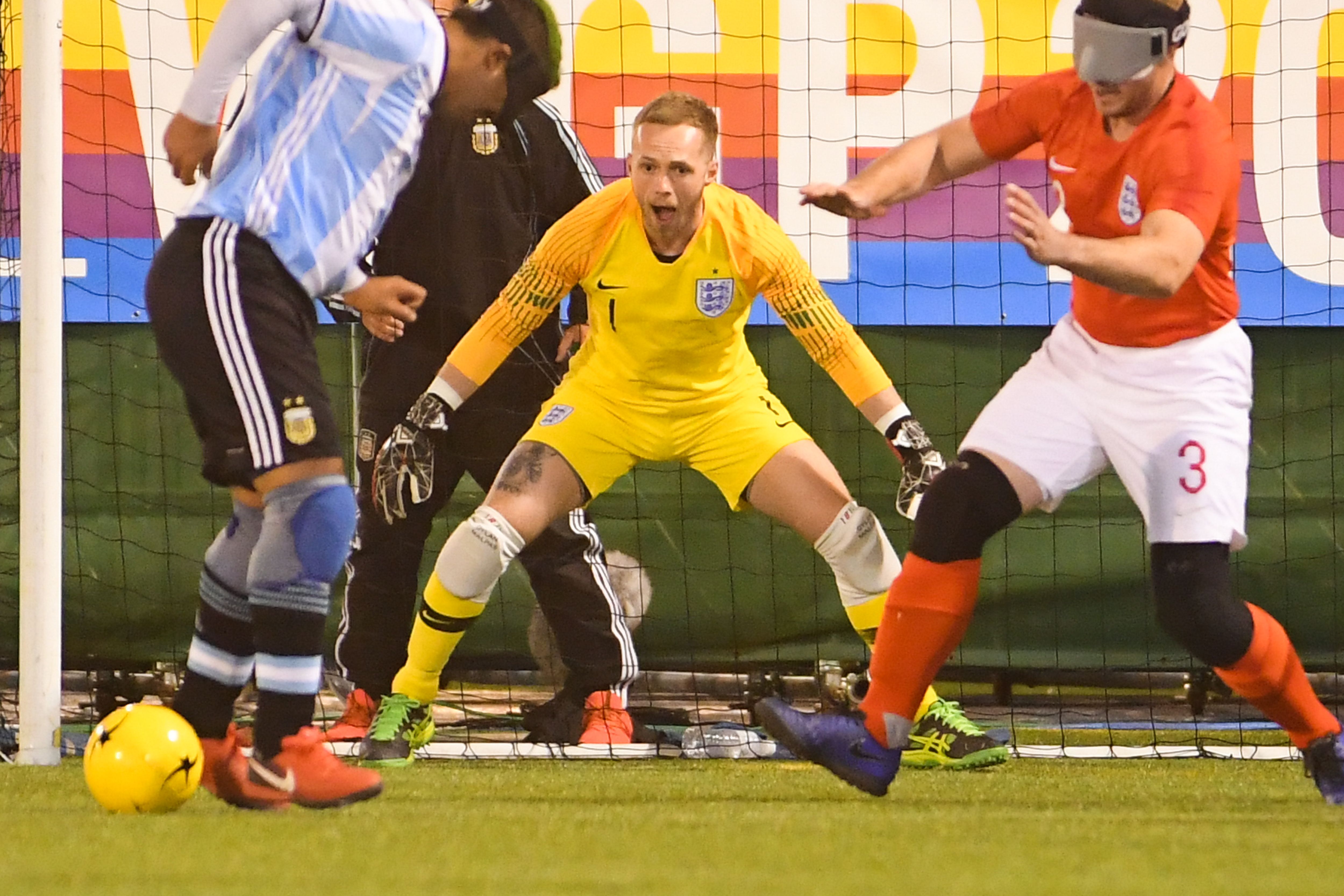 Goalkeeper for the England visually impaired team, Dylan Malpas, about to save a shot (Goalkeeper.com)