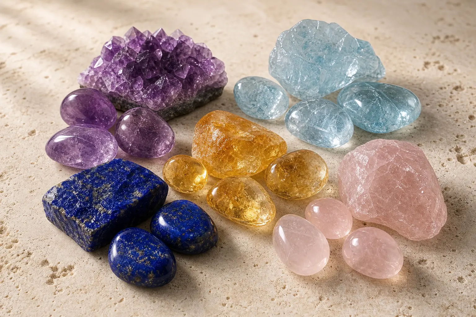 Collection of amethyst, aquamarine, citrine, lapis lazuli and rose quartz