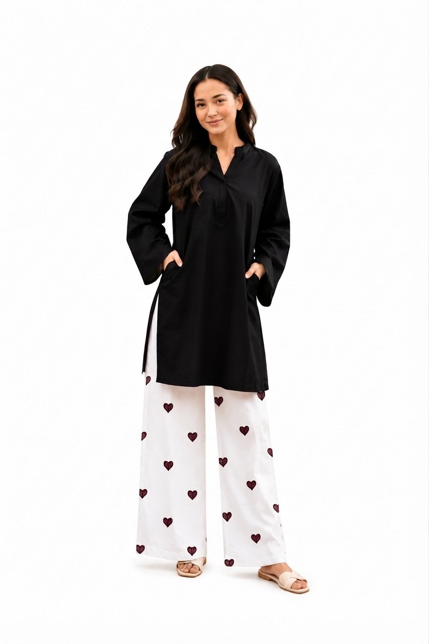 Maroon Plain Kurti with Printed Palazzo | 2-Piece Ladies Suit