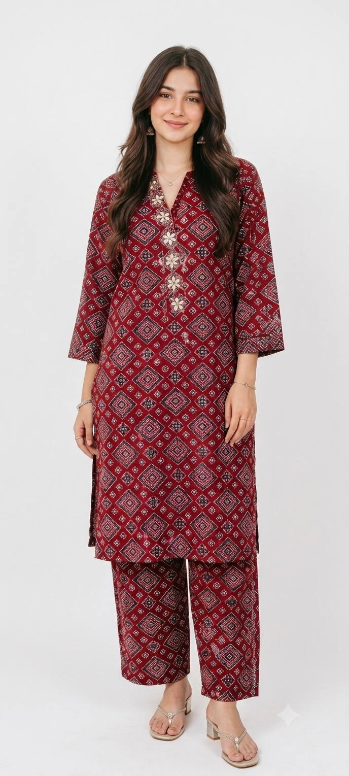 Ajrak Print Maroon 2-Piece Suit