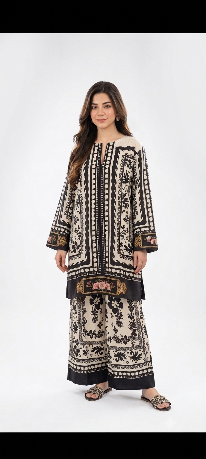 : Black & White Royal Floral Long 2-Piece Suit