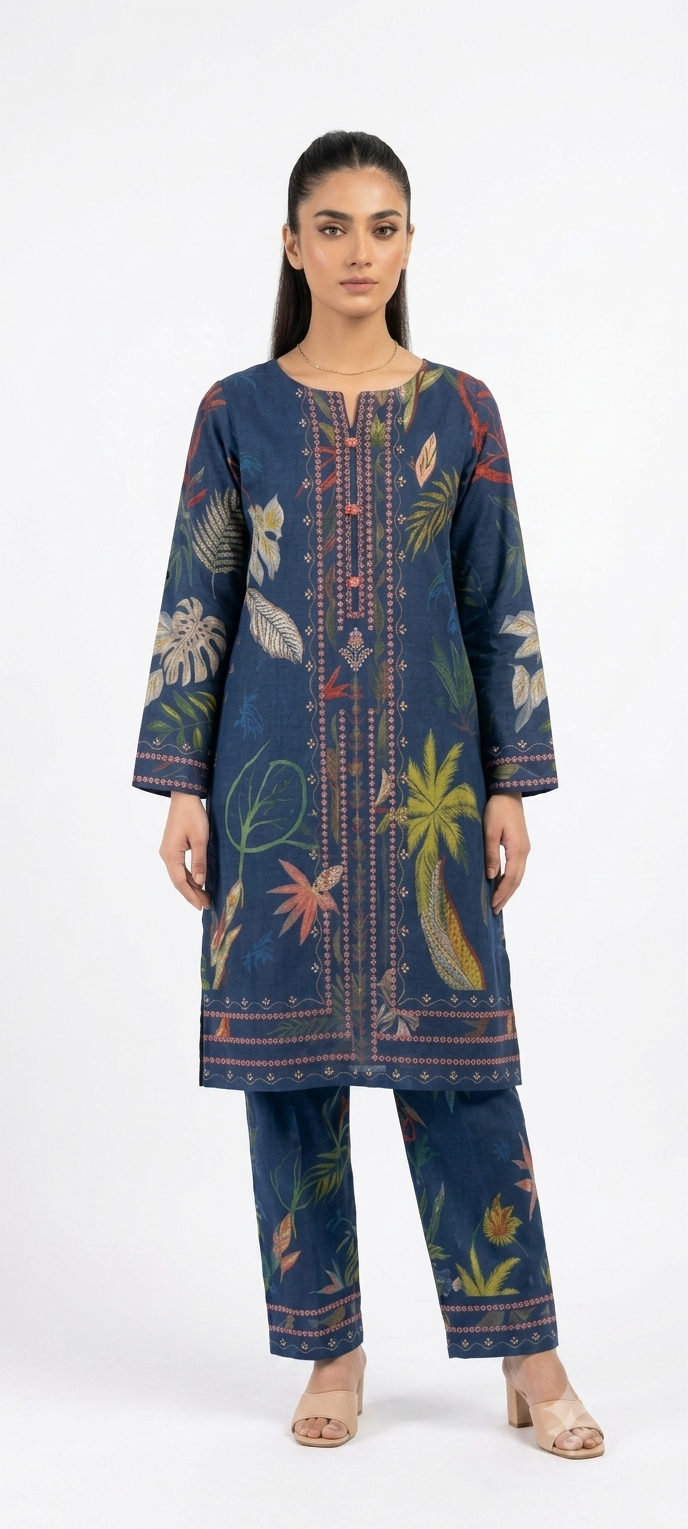 : Navy Blue Floral Printed 2-Piece Suit