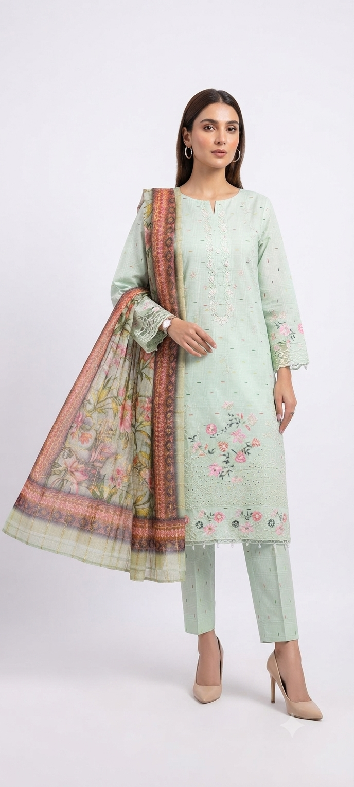 Mint Green Embroidered 3-Piece Suit 🌿