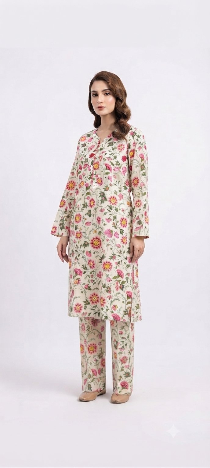 Ivory Floral Printed 2-Piece Suit
