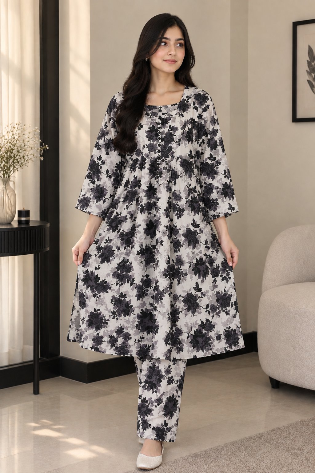 Black & White Floral Printed 2-Piece Suit
