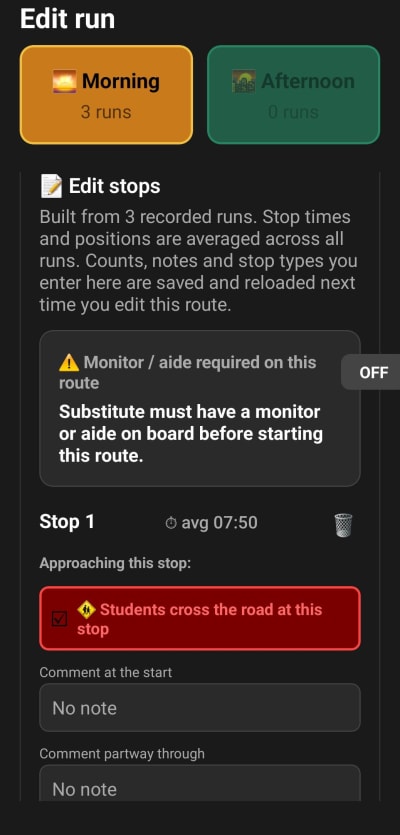 Edit run data screen