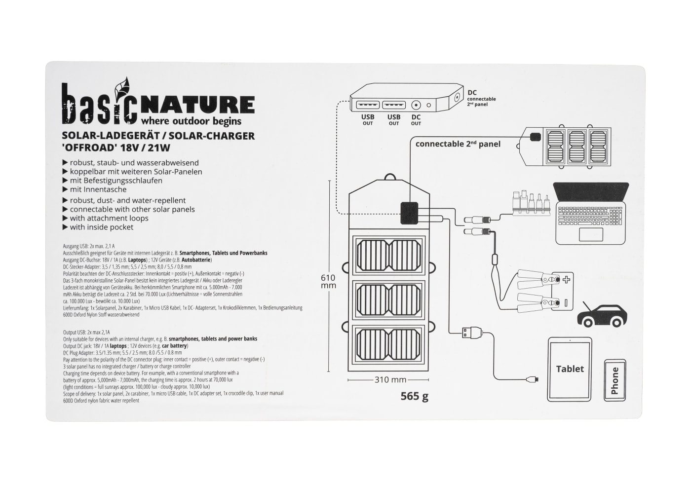 BasicNature Foldable Solar Charging Panel Off Road Kit