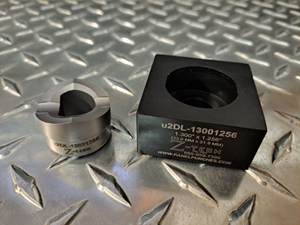 Custom u2DL - Die Set, 1.300" by 1.256"  (33.0 mm x 31.9mm) over flats double "D" for Amphenol part # RJFTV67A1GF312. Rated for use in up to 12 gauge Stainless Steel.  Requires the uDL750-Puller for operation 