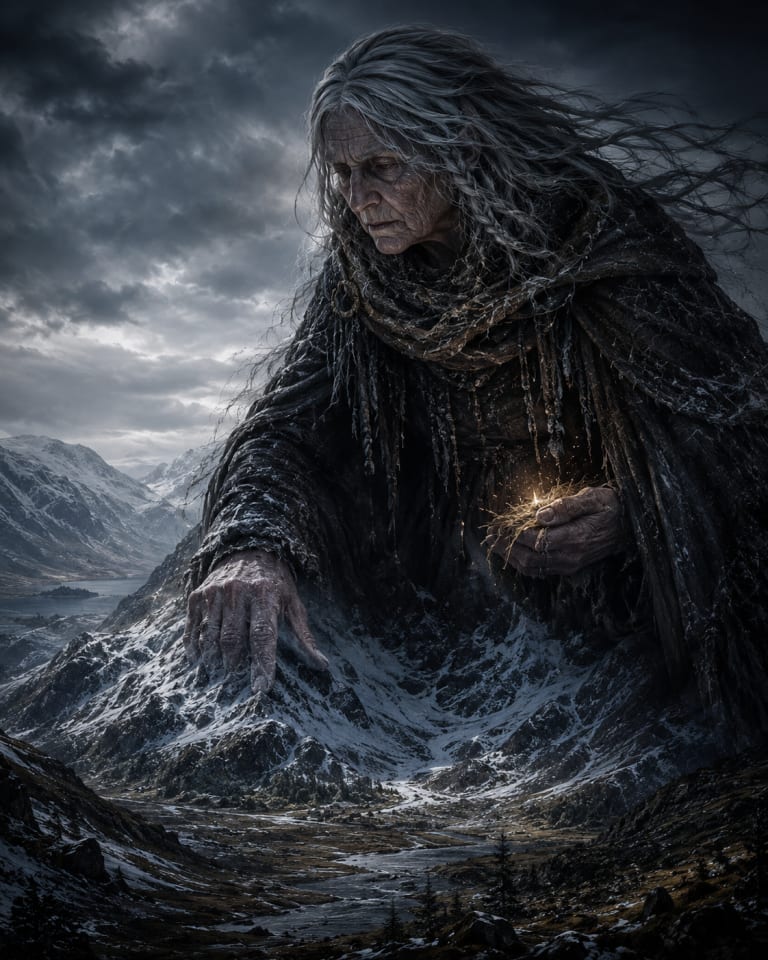 The Cailleach: Celtic Winter Crone Who Shapes Mountains and Guards the Seeds of Spring