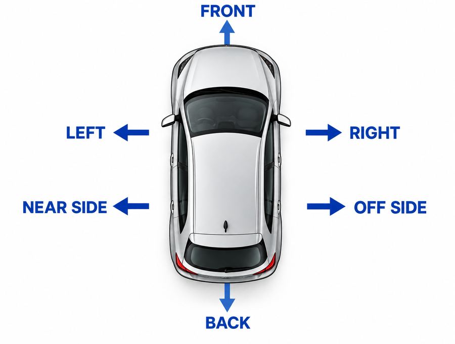 Car sides: front, back, left (near side), right (off side)