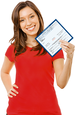 girl in red shirt holding a vehicle title