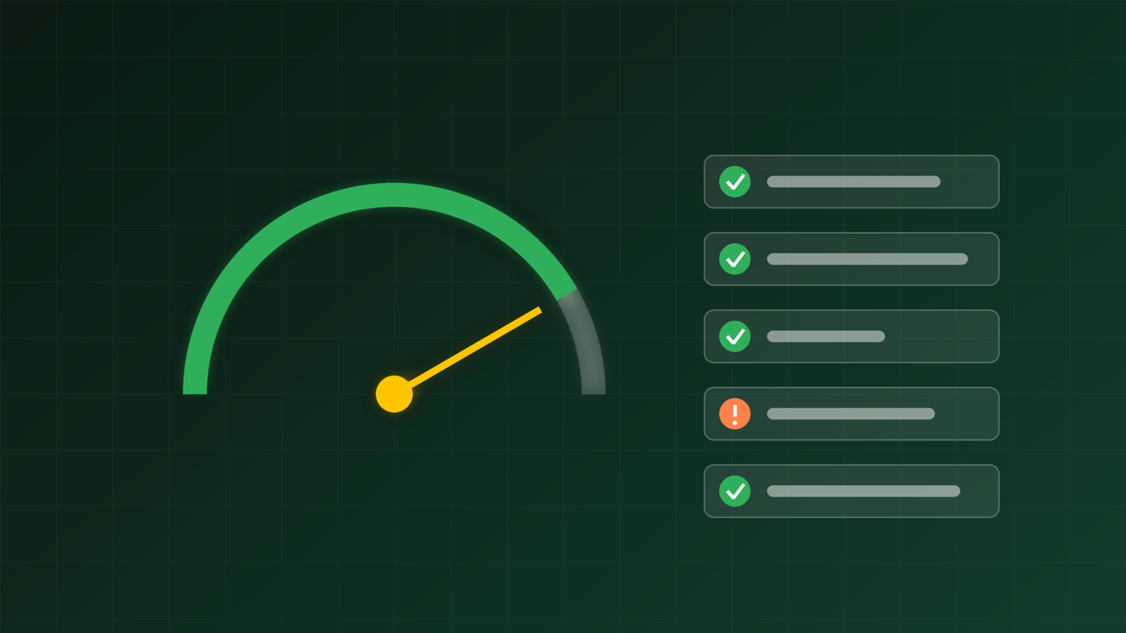 A green gauge needle near the top of its range beside a checklist with four passing checks and one warning