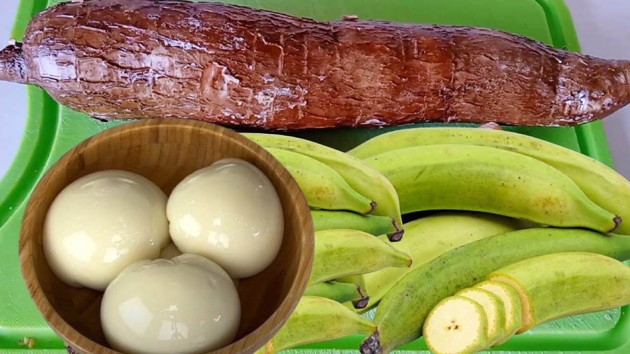 Plantain and cassava prepared for making Ghanaian fufu