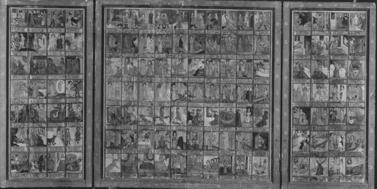 Triptychon mit Franziskuslegende (126 Szenen)
Flügelaußenseiten: Hll. Franziskus und Klara
