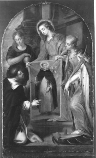 Maria, Magdalena und Katharina zeigen das Bild des hl. Dominikus mit Buch und Lilie dem hl. Thomas von Aquin