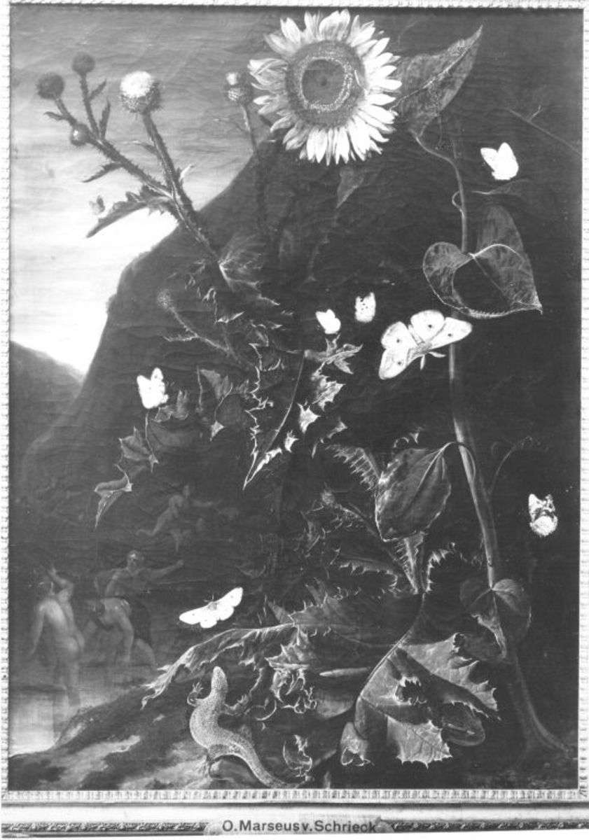 Blumenstillleben mit Sonnenblume, Schmetterlingen, Eidechse und Nymphen