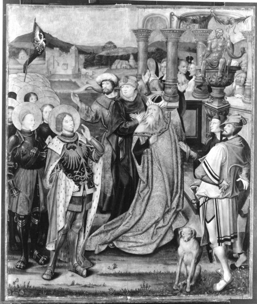 Kreuzigungsaltar: Der hl. Mauritius verweigert den Götzendienst
Außenseite: Not Gottes mit hl. Abt