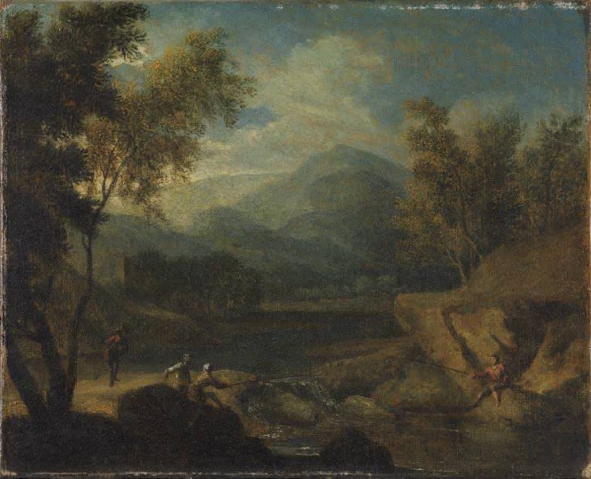 Gebirgige Flusslandschaft mit Anglern