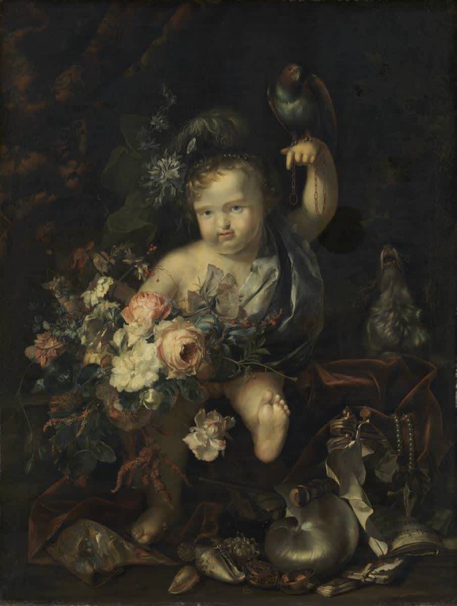 Knabe mit Blumen und Papagei