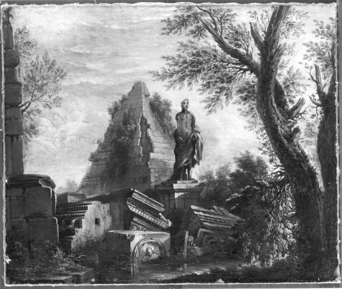 Landschaft mit antiken Ruinen und Statue