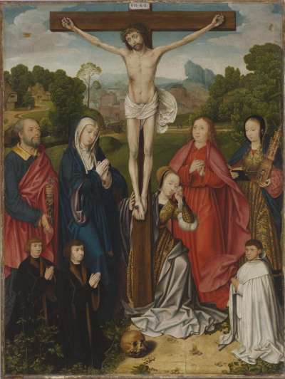 Kreuzigungsaltar: Christus am Kreuz mit hll. Petrus, Maria, Maria Magdalena, Johannes d. Ev. und Barbara sowie drei Stiftern