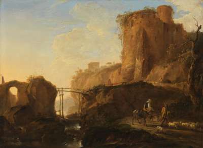 Italianisierende Landschaft mit
Brücke und Burgruine