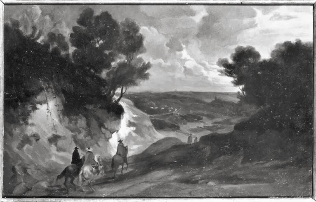 Landschaft mit Hohlweg und drei Reitern