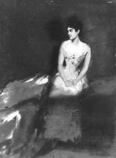 Irene von Keller, die Frau des Künstlers, vor rotem Grund